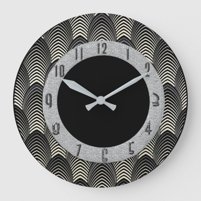 New Art Deco Style Black and silver Large Clock (Front)