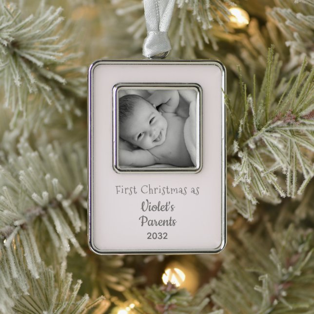 New Baby 1st Christmas as Parents Name Year Photo Silver Plated Framed Ornament (Tree)