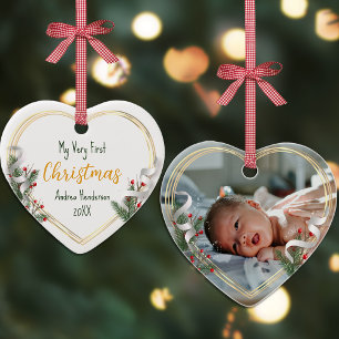 New Baby 1st Xmas Holly & Pine Gold Frame Photo  Ceramic Tree Decoration