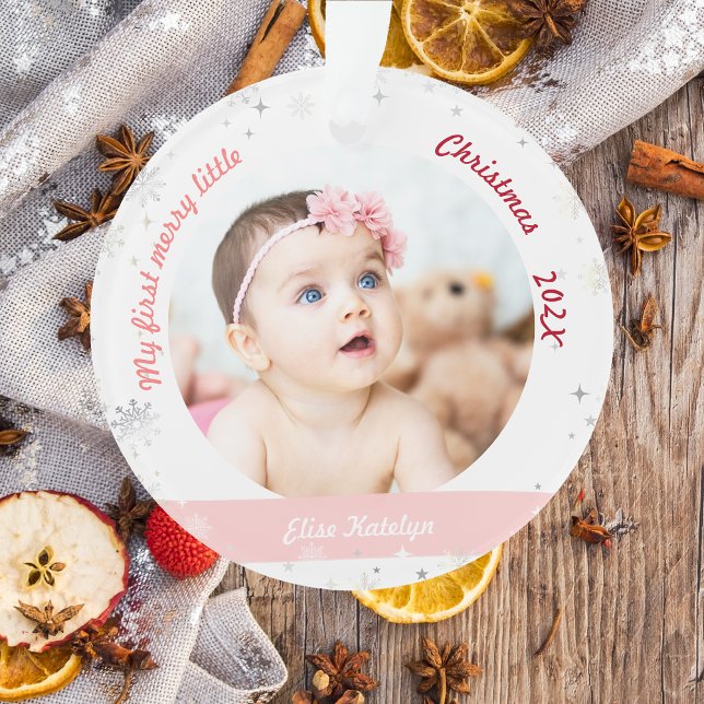 New Baby 2 Photos My First Merry Little Christmas Ornament (Modern Elegant Cute My First Merry Little Christmas Baby Personalized Name 2 Photos Snowflakes Stars)