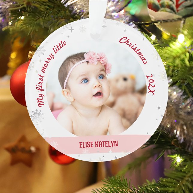 New Baby 2 Photos My First Merry Little Christmas Ornament (Modern Elegant Cute My First Merry Little Christmas Baby Girl 2 Photos Snowflakes Stars Minimalist)
