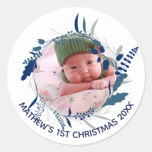 NEW Baby Announcement 1st Christmas PHOTO Festive Classic Round Sticker