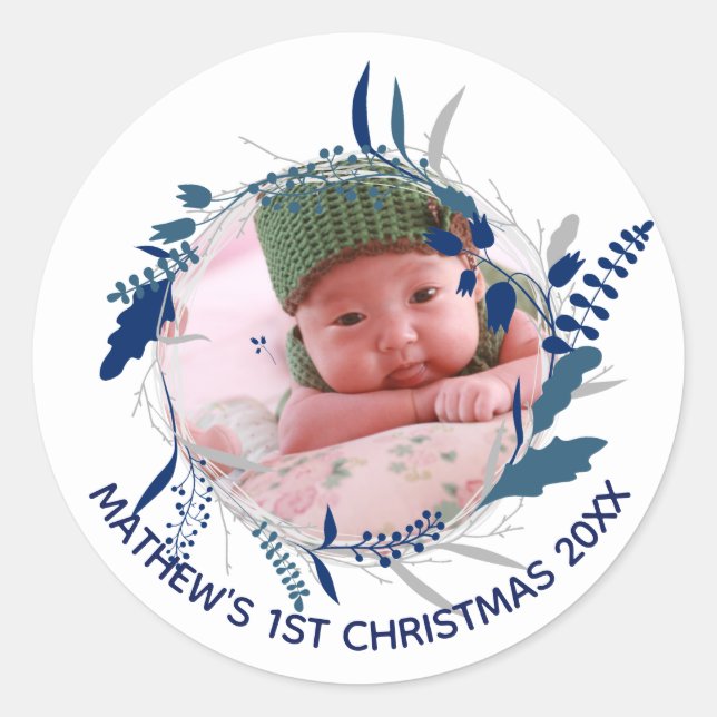NEW Baby Announcement 1st Christmas PHOTO Festive Classic Round Sticker (Front)