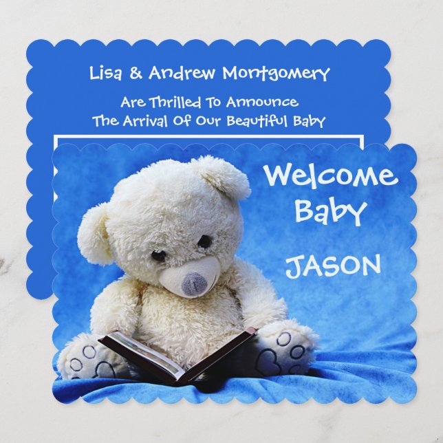 New Baby Announcement Card, Blue, Cute Teddy Bear (Front/Back)