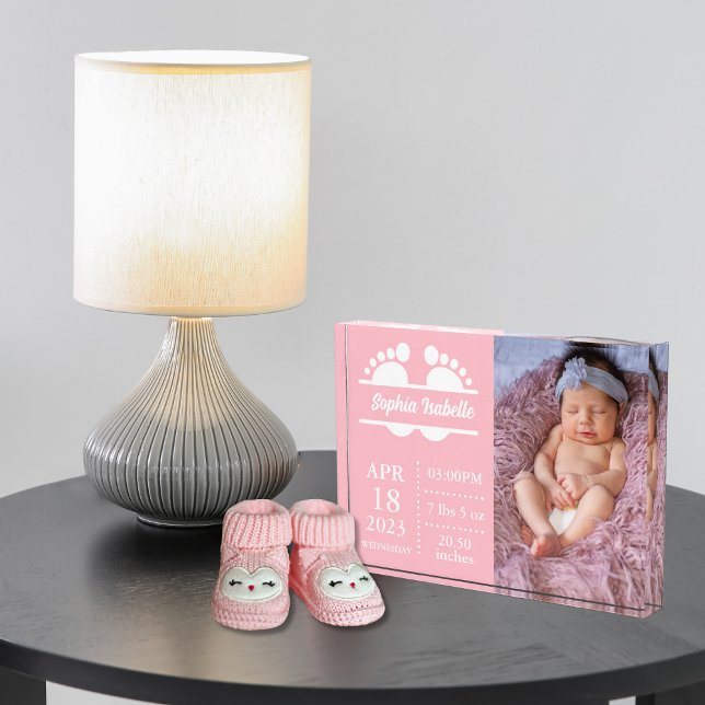 New Baby Announcement Girl Birth Stat Photo Block (New Baby Girl Birth Stats Pink Keepsake Birth Announcement Photo Block  )