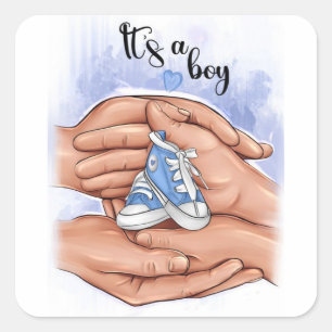 New Baby Announcement – Parents Holding Baby 👣 Square Sticker
