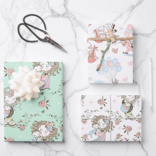 New Baby Baby Shower Mum and Baby Wrapping Paper Sheet (Front)