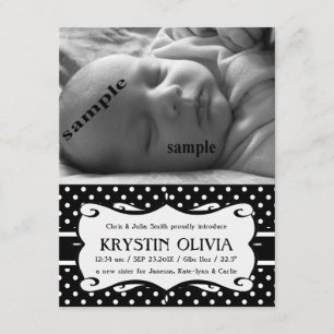 New Baby Birth Announcement Black White Polkadot