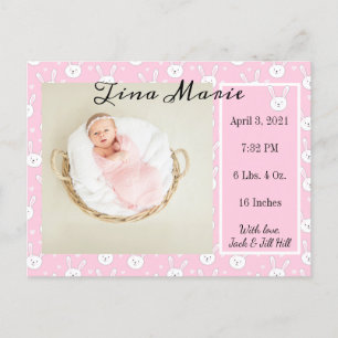 New Baby Birth Announcement Bunny Rabbit Photo Postcard
