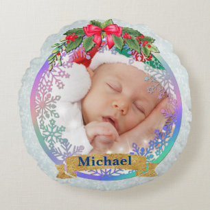 New baby birth stats Christmas, Birth Announcement Round Cushion