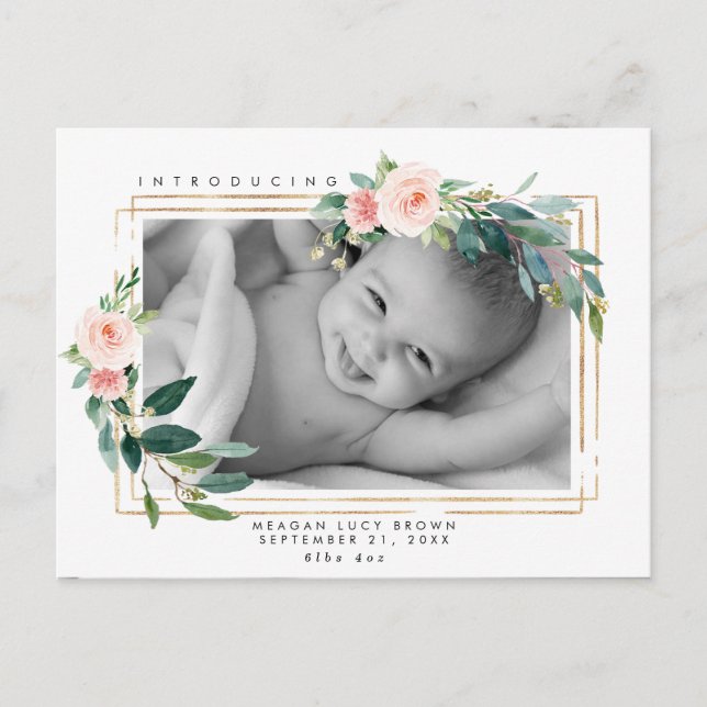 new baby blush floral faux gold photo postcard (Front)