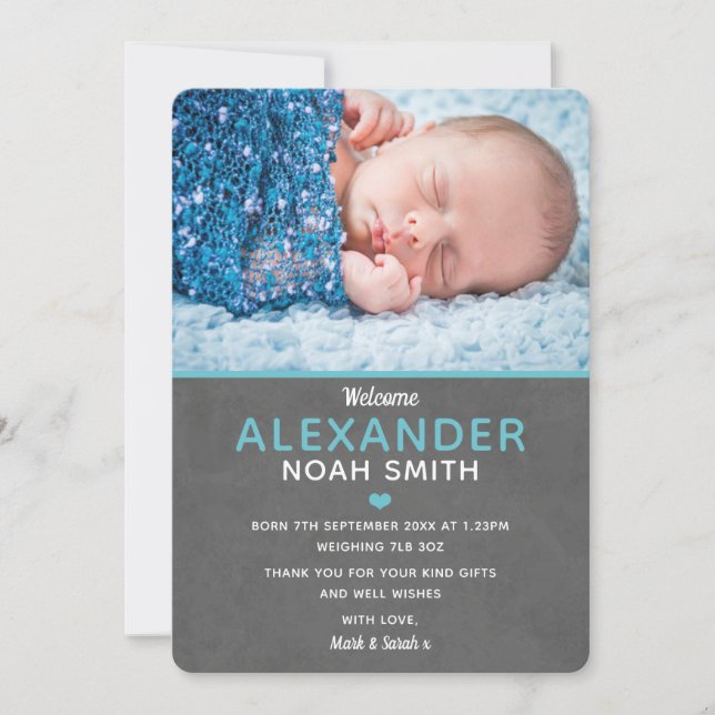 New baby boy announcement and thank you card (Front)