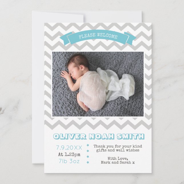 New baby boy announcement/thank you card (Front)