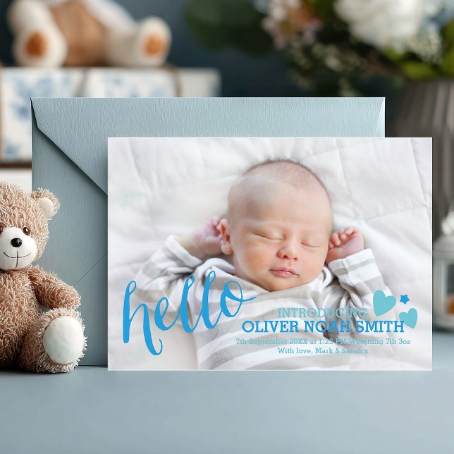New baby boy announcement/thank you card (Hello, little one 💙 Share your joy with this charming blue photo birth announcement card.)