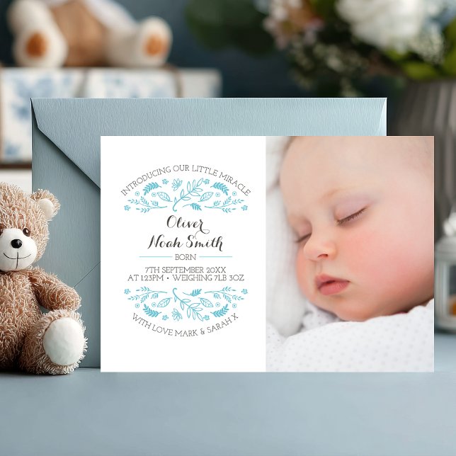 New baby boy announcement/thank you card (Introducing your little miracle 💙 A soft and elegant photo card to announce your baby boy’s arrival)