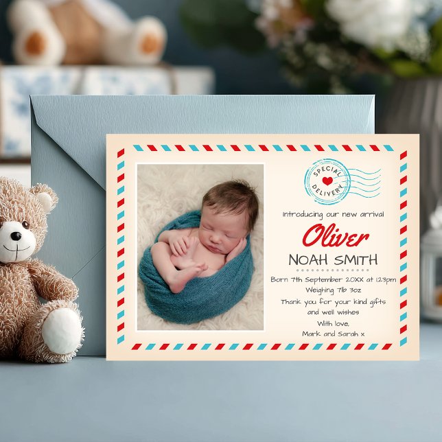 New baby boy announcement/thank you card (Special delivery ✈️ Announce your baby boy’s arrival with this charming airmail-themed photo card.)