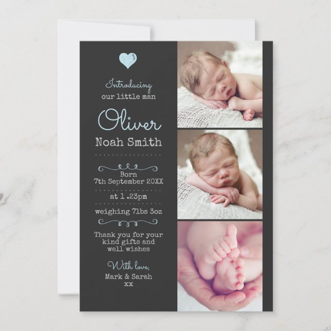 New baby boy announcement/thank you card A5 (Front)