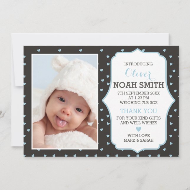 New baby boy announcement/thank you card - hearts (Front)