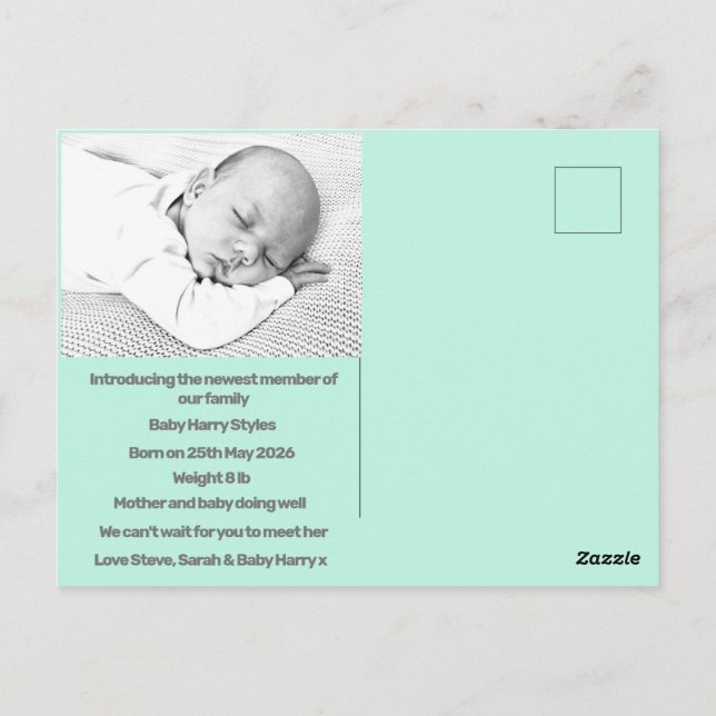 new baby boy birth announcement blue purple modern postcard (Back)