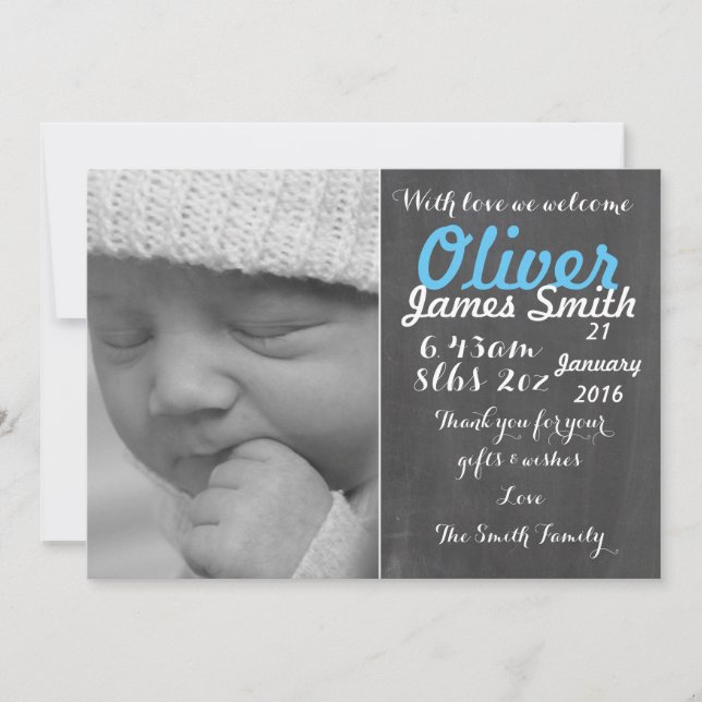 New Baby Boy/ Birth Announcement Card/Personalised (Front)