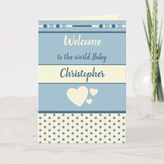 New Baby Boy blue and cream with name welcome Card (Front)