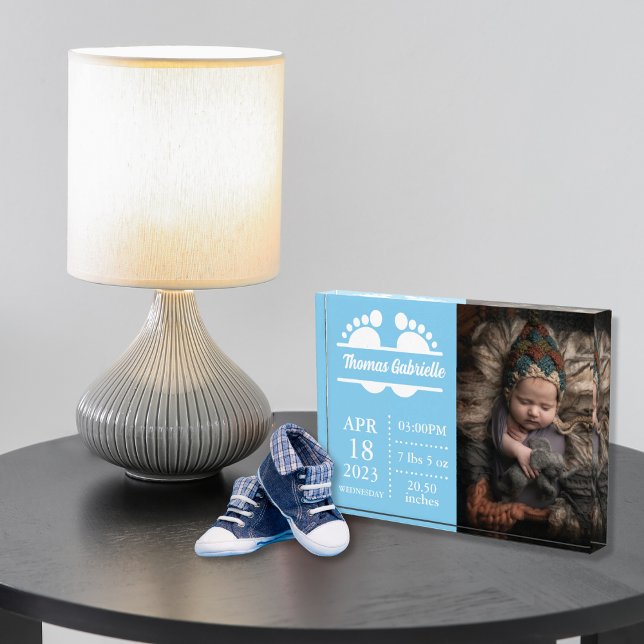 New Baby Boy Blue Birth Stats Keepsake Photo Block (New Baby Boy Birth Stats Blue Keepsake Birth Announcement Photo Block)