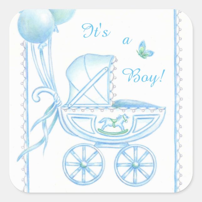 New Baby Boy Blue Buggy and Balloons Square Sticker (Front)