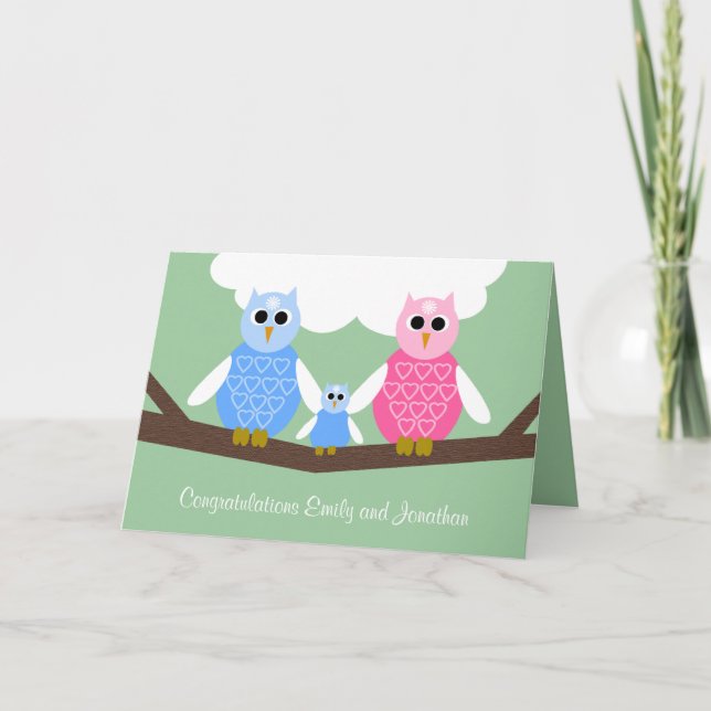 New Baby Boy Congratulations Card with Owl Family (Front)
