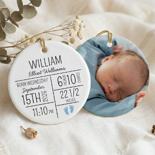 New Baby Boy First Christmas Birth Stats Photo Ceramic Tree Decoration