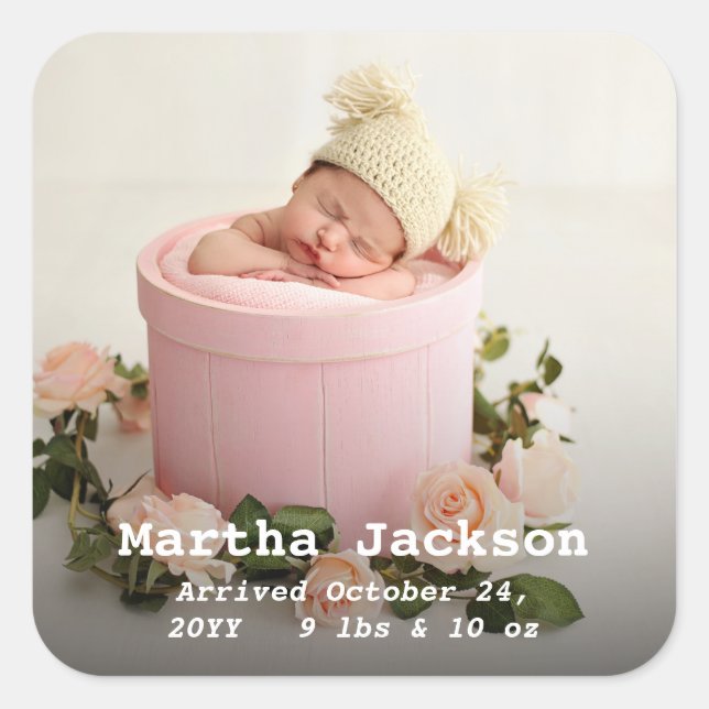 new baby boy girl birth announcement photo modern  square sticker (Front)