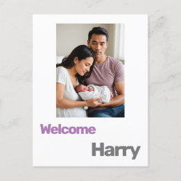 new baby boy girl birth announcement purple modern postcard