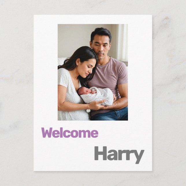 new baby boy girl birth announcement purple modern postcard (Front)