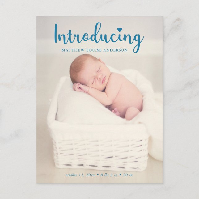 New Baby Boy Introducing Blue Elegant Modern Photo Announcement Postcard (Front)