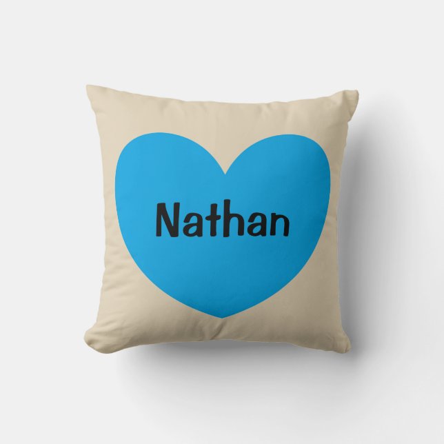 New Baby Boy Personalised Blue Heart with Name Cushion (Front)