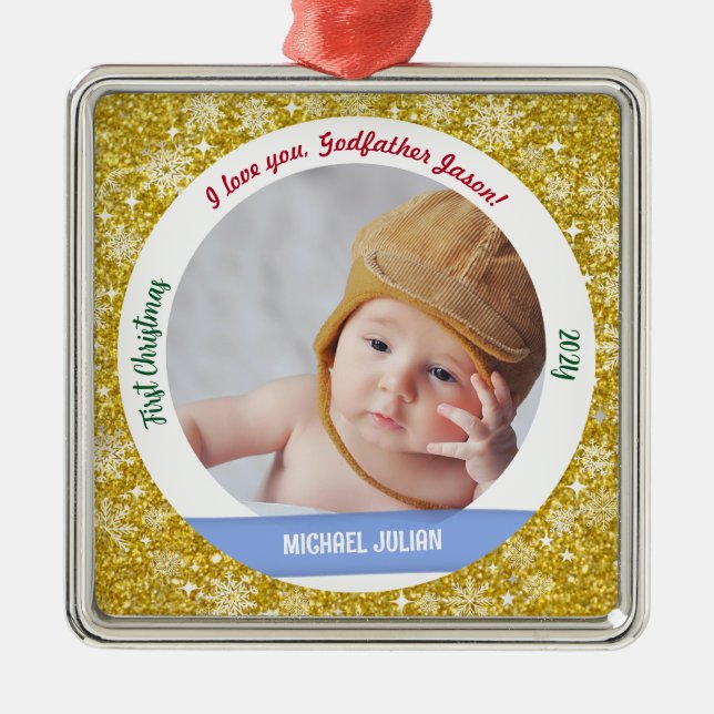 New Baby Boy Photo 1st Christmas Godfather Golden Metal Tree Decoration (Front)