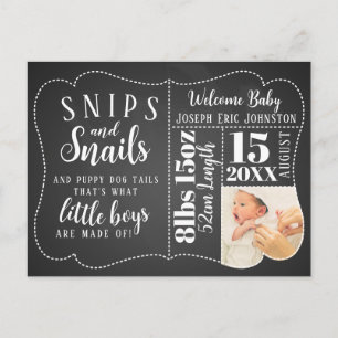 New baby boy postcard, snips and snails announcement postcard