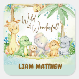 New Baby Boy Safari Animals Wild and Wonderful Square Sticker