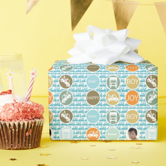 New Baby Boy Tow Truck Photo Wrapping Paper (Birthday Party)