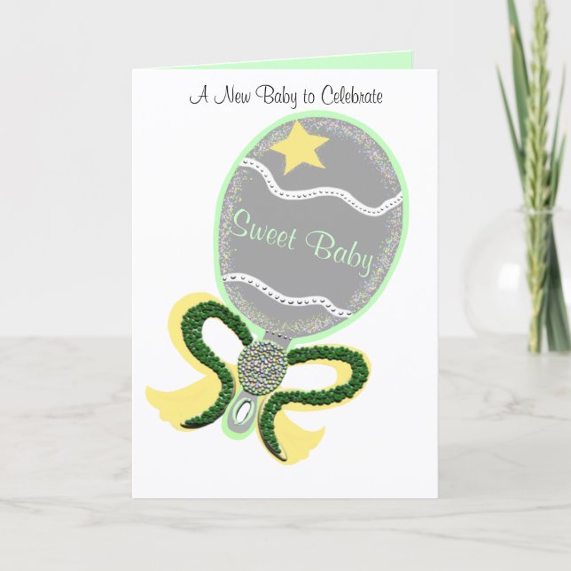 New Baby Congratulations Green Yellow Rattle Card (Front)