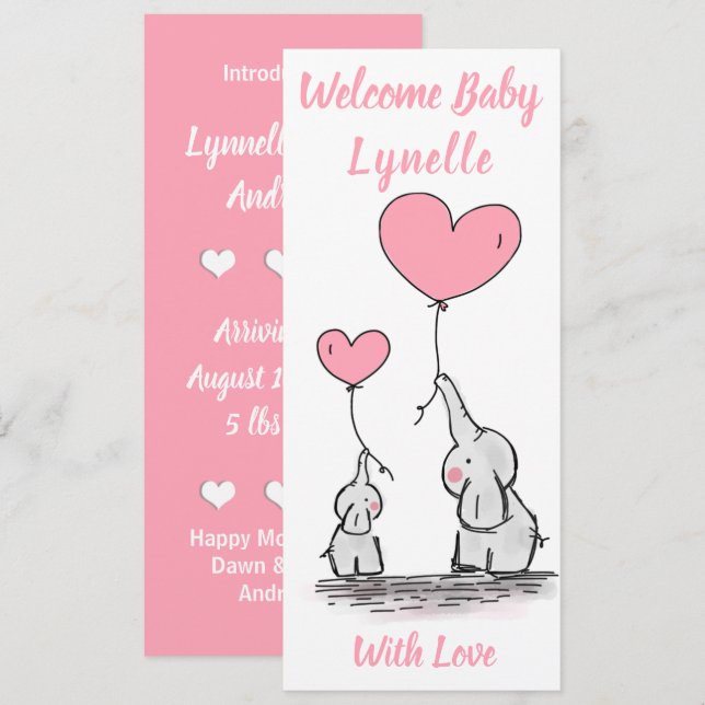 New Baby, Cute Baby Elephants with Pink Hearts Announcement (Front/Back)