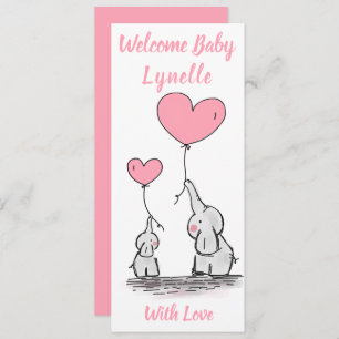 New Baby, Cute Baby Elephants with Pink Hearts Announcement