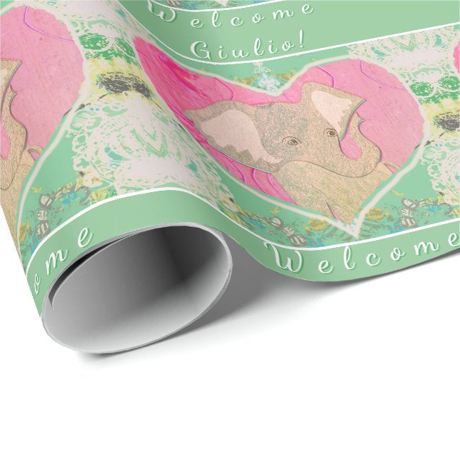 New Baby Elephant Green Pink Wrapping Paper (Roll Corner)