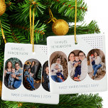 New Baby First Christmas 6 Photos Any Colour Ceramic Ornament<br><div class="desc">New Baby first christmas photo ornament - or you can customise the wording however you wish. The design features 6 photos and fully editable colours for the background, lettering and the deco dots. Your photos are displayed in 16:9 portrait format and the photo template will automatically display them in a...</div>