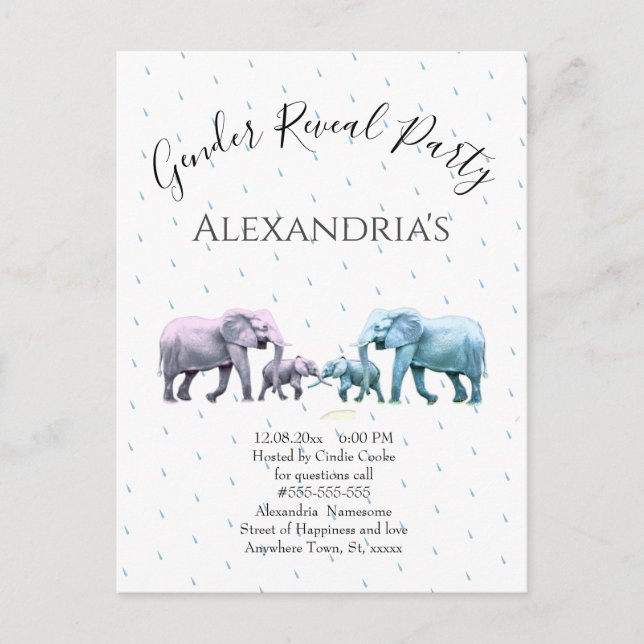 New Baby Gender Reveal Cute Pink and Blue Elephant Postcard (Front)
