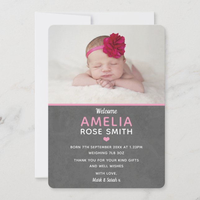 New baby girl announcement and thank you card (Front)