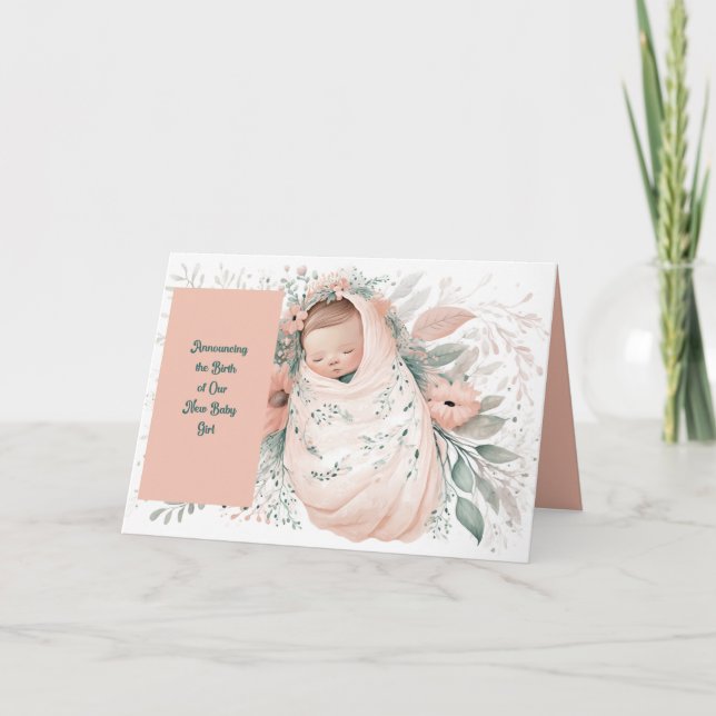 New Baby Girl Announcement Card Peach Flowers (Front)