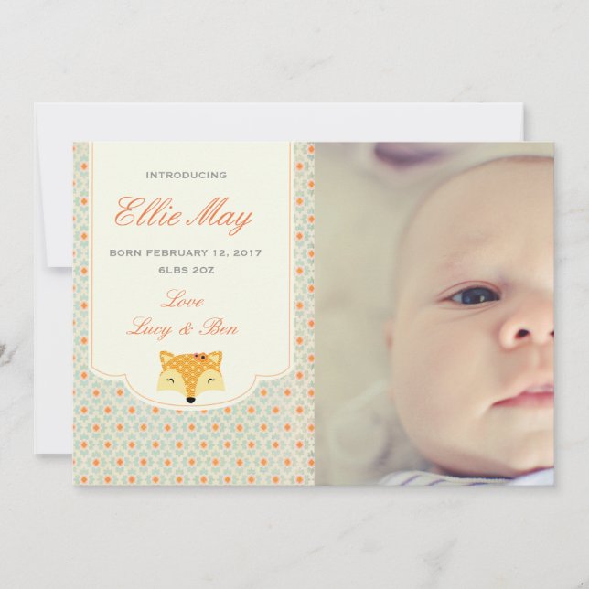 new baby girl announcement photo card woodland fox (Front)