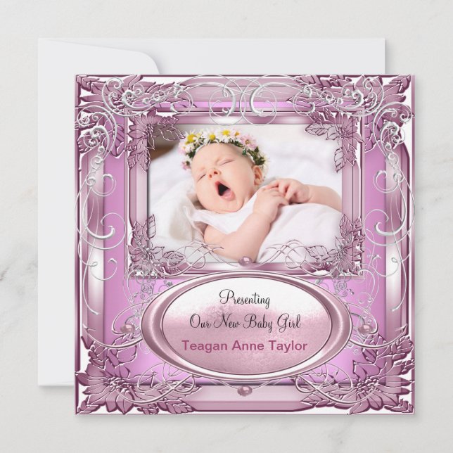New Baby Girl Announcement Pink Silver (Front)