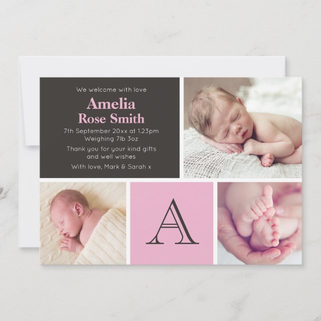 New baby girl announcement/thank you card (Front)