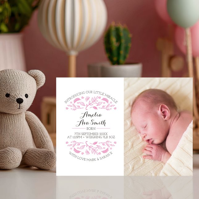 New baby girl announcement/thank you card (Introduce your baby girl with this beautiful floral-themed announcement card)